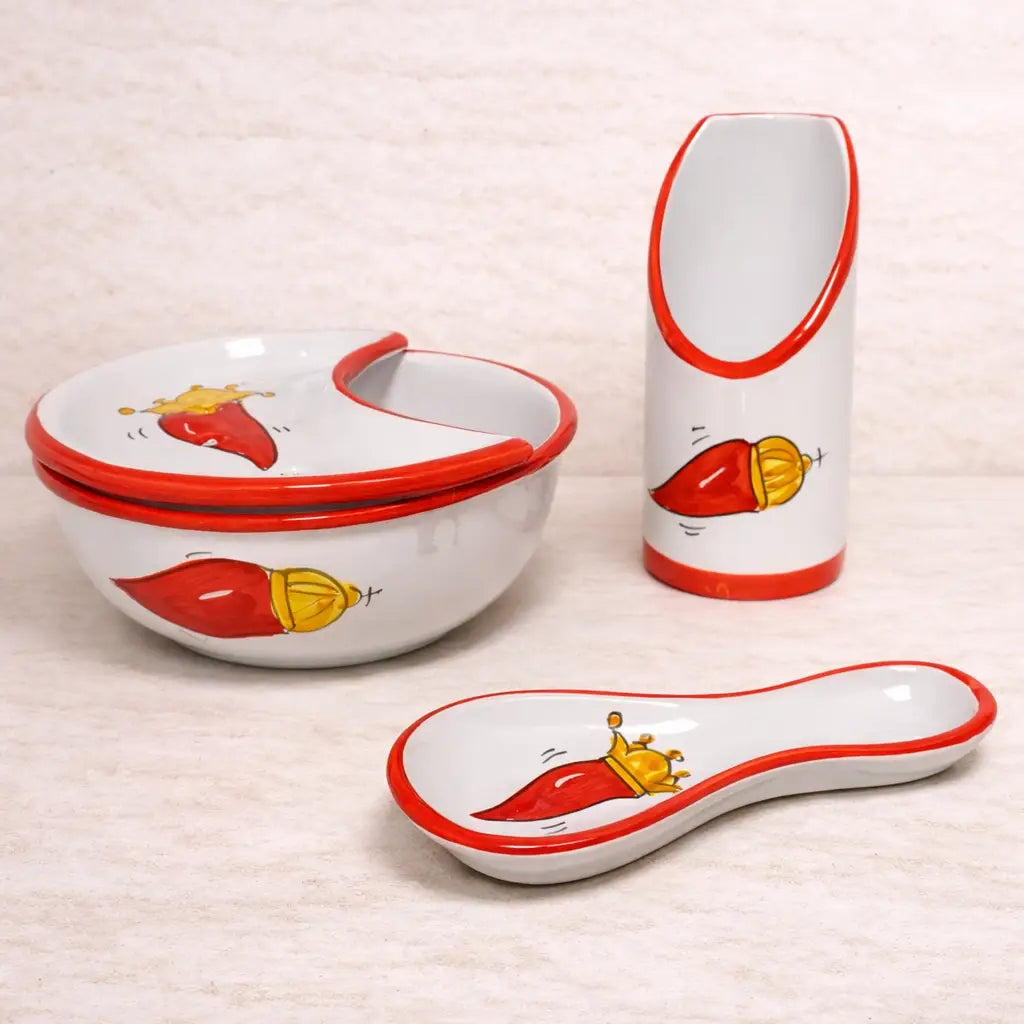 Poggiamestolo in Ceramica di Vietri - "Mani in Pasta" - Cornetto Rosso e Oro