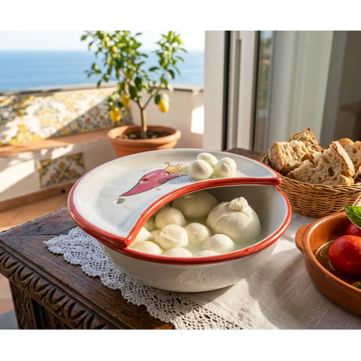 Porta Mozzarella in Ceramica di Vietri - "A Regina d'a Tavola" - Cornetto Portafortuna