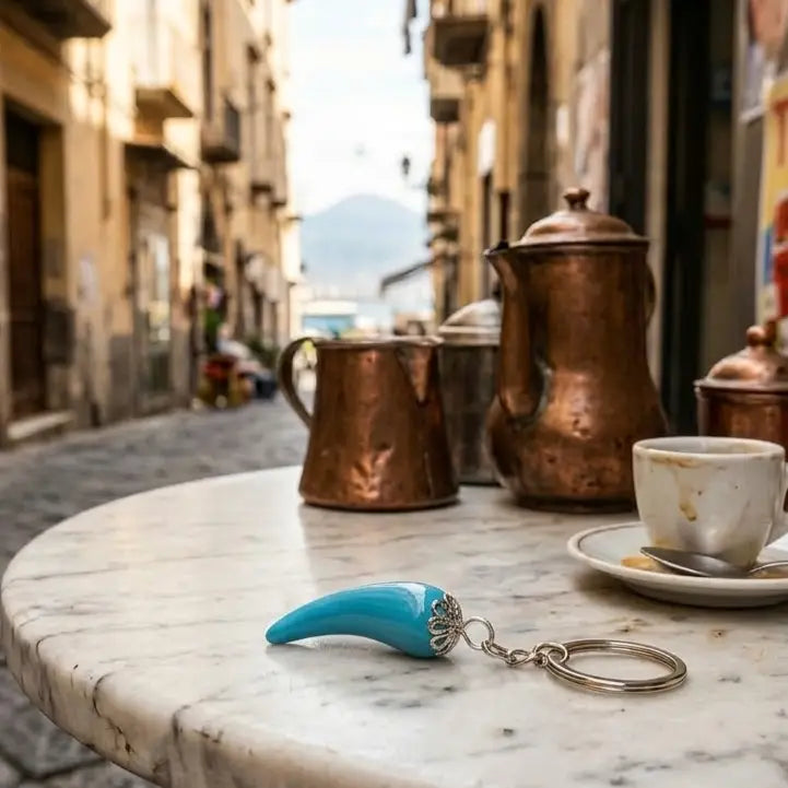 Portachiavi Corno Portafortuna Azzurro Napoli in Ceramica di Vietri - Un Amore di Sud