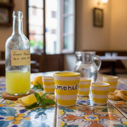 Bicchierino da Limoncello in Ceramica Artigianale - "Nu poco 'e Limoncello?" - Righe Gialle e Bianche