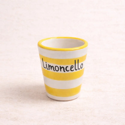 Bicchierino da Limoncello in Ceramica Artigianale - "Nu poco 'e Limoncello?" - Righe Gialle e Bianche