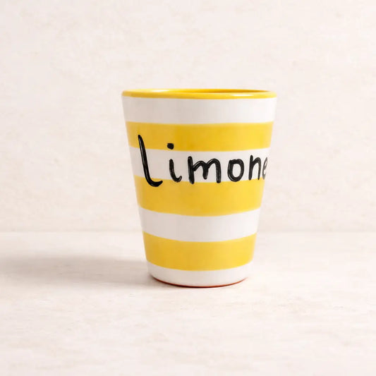 Bicchierino da Limoncello in Ceramica Artigianale - "Nu poco 'e Limoncello?" - Righe Gialle e Bianche