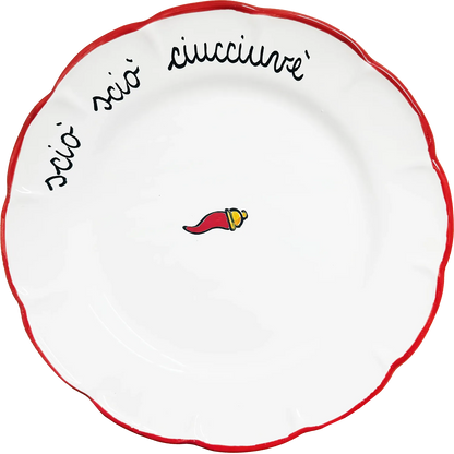 Piatto Piano “Sciò Sciò Ciucciuvè” con Corno Scaramantico in Ceramica Pop di Vietri - Mamma' Art