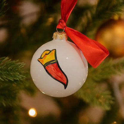 Palla di Natale “Corno Portafortuna” – Decorazione Pop in ceramica fatta a mano